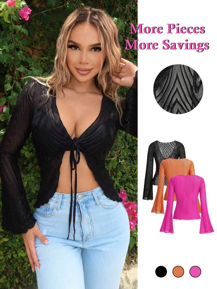3pcs Mesh Jacquard Top With Long Flare Sleeves, V-Neckline And Tie Waist Detail Three-Pack Spring And Summer Women's Clothing