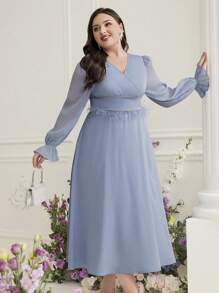 Modelyn Đầm dạ hội dài tay đèn lồng màu trơn cỡ lớn cổ chữ V thường ngày - Màu xanh lam - Xem 6