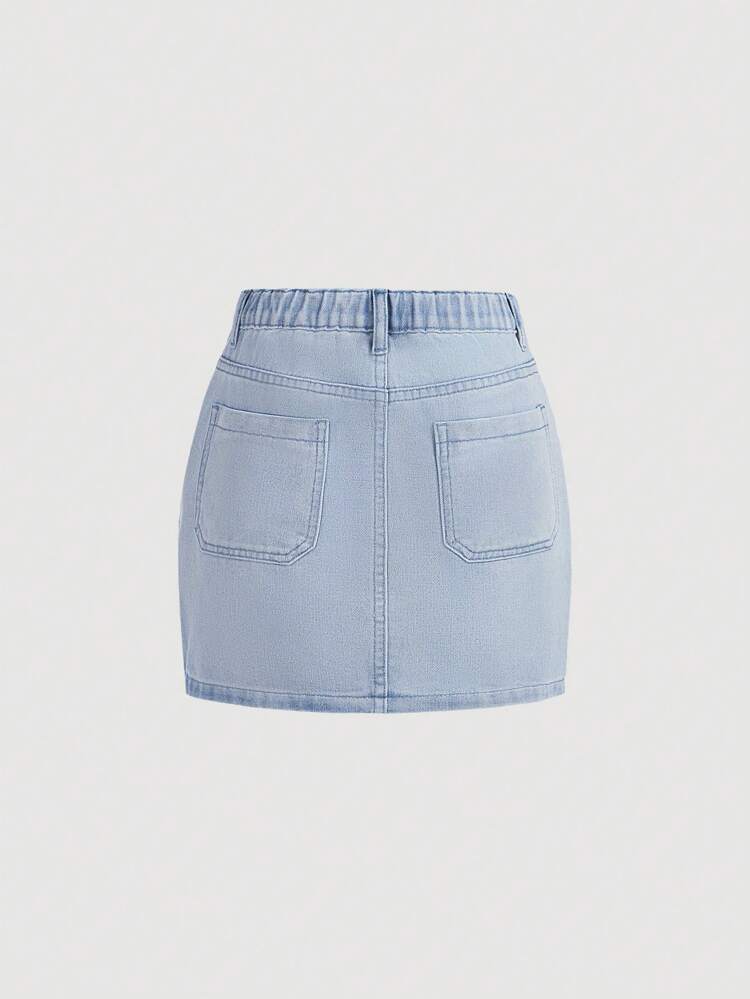 Teen Girl's Casual High Waist Mini A-Line Denim Skirt With Cargo Pocket Detail