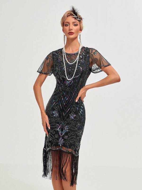 Women 1920s Vintage Sequin Short Sleeve Mesh Tassel Hem Dress Elegant Cocktail Semi Formal Prom Wedding Guest Dress, For Birthday, Graduation, Dinner, Homecoming Party Dress Spring
