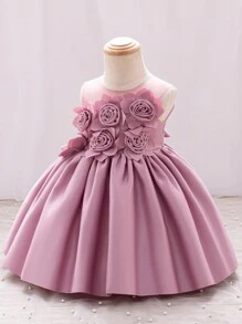 SHEIN Glamorique Kids Váy dự tiệc cho bé gái, thời trang, thích hợp cho tiệc sinh nhật, tiệc chiêu đãi, đám cưới, lễ rửa tội, sinh nhật lần thứ 1 cho bé gái, váy hoa hồng, váy thanh lịch cho bé gái, váy dự tiệc cho bé gái, váy tím cho bé gái - Màu Hồng  San hô - Xem 3