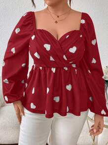 SHEIN Privé Plus Size Women's Heart Print Lantern Sleeve Shirt With Ruffled Hem - Red and White - View 3