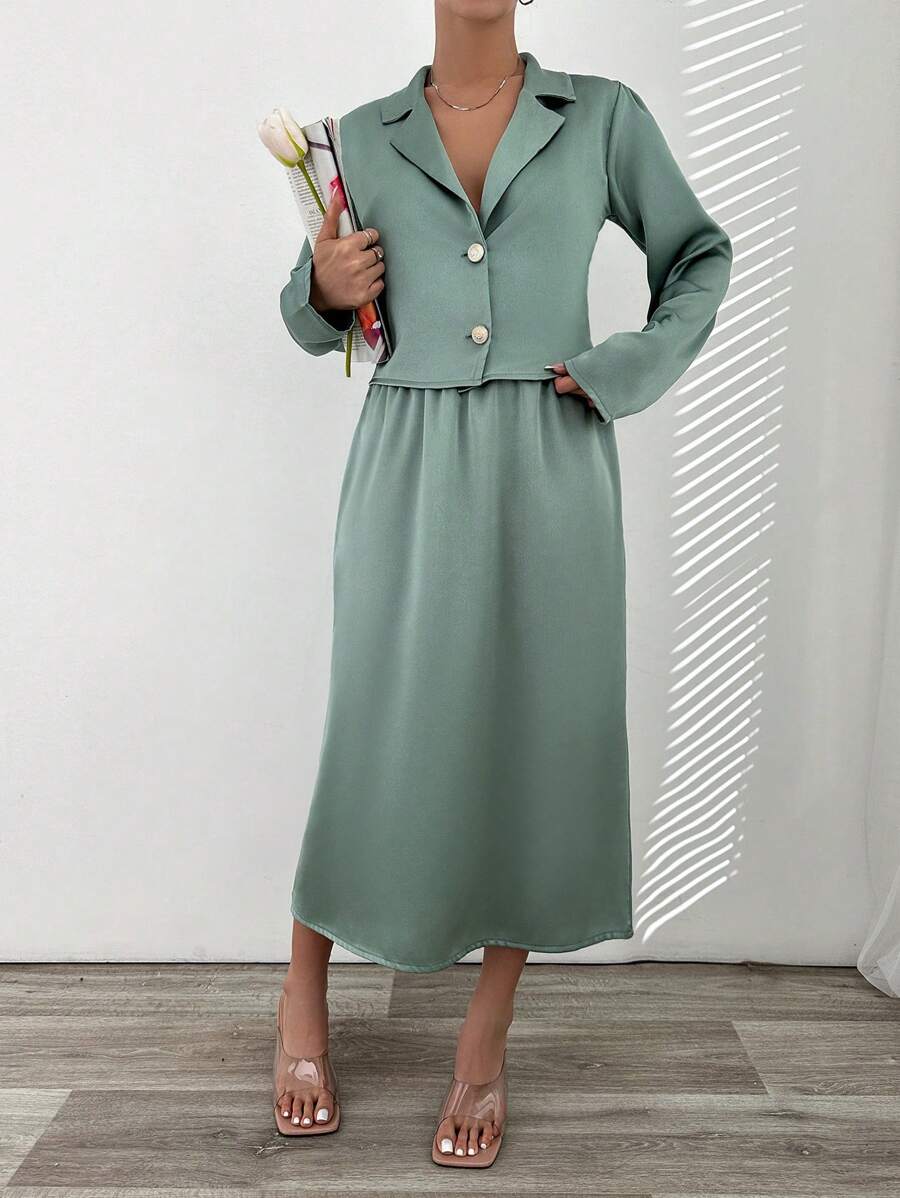 SHEIN Cottnline Satin Set With V Neck Detail - Mint Green - View 1