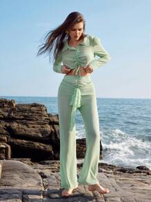Anewsta Pantalones Rectos De Color Sólido Para Mujer Con Cinturón - Verde - Ver 1