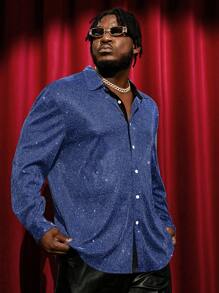 GENTILAND Men's Plus Size Loose Fit Sparkly Long Sleeve Shirt - Navy Blue - View 1