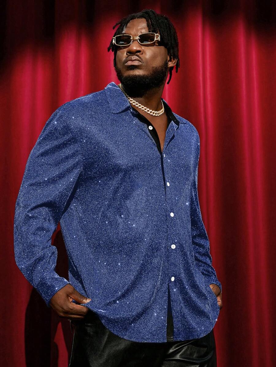 GENTILAND Men's Plus Size Loose Fit Sparkly Long Sleeve Shirt - Navy Blue - View 1