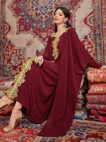 Al Najma Burgundy Red Women's Long Embroidered Turkish Shirt Dress With Beads Kaftan Jalabiya Dress - Burgundy - View 6