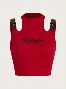 SHEIN ICON Y2k復古的扣帶裝飾紅色空心肩部短袖背心上衣