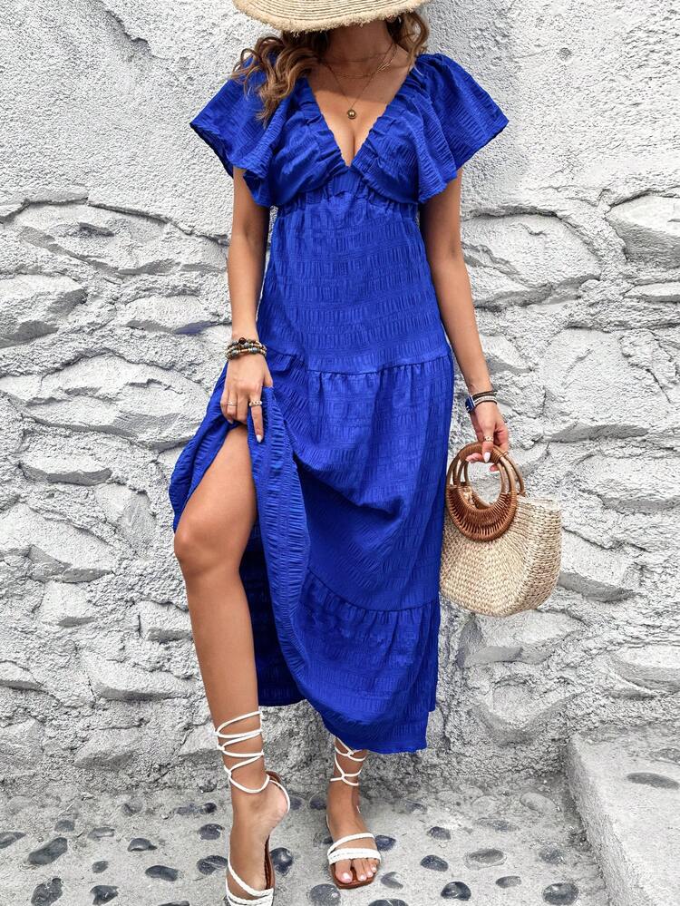 Solid Color Frill Trim Deep V-Neckline Dress