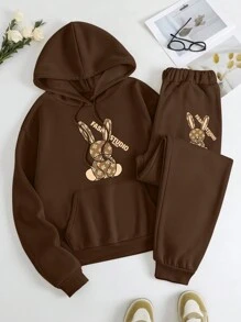INAWLY Của phụ nữ Hoạt hình In Áo nỉ có mũ Và Quần Bộ - Cà phê nâu - Xem 4