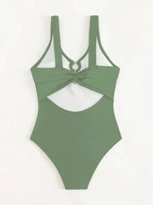 SHEIN Teen Girl Ring Linked Cut Out One Piece Swimsuit - Army Green - View 4