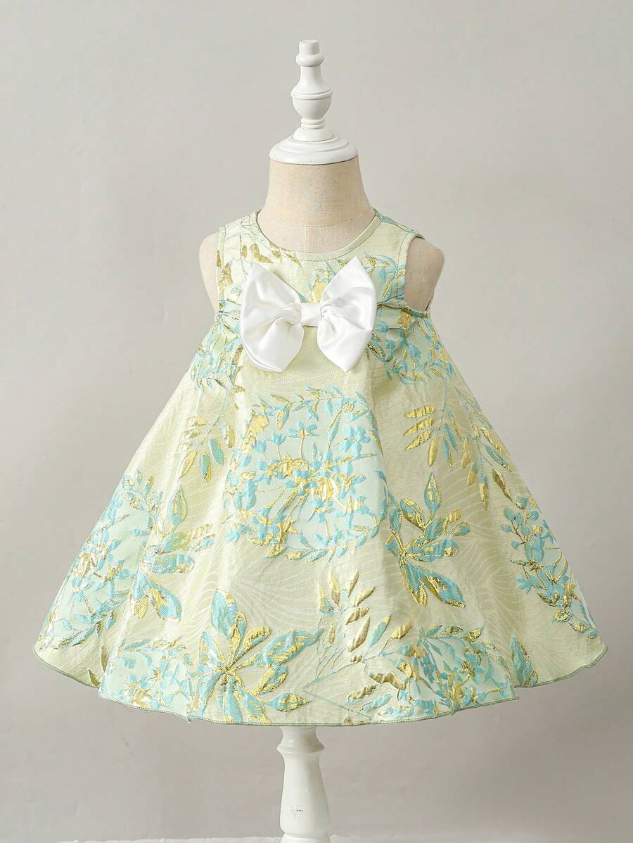 SHEIN Glamorique Kids 嬰兒女童金色刺繡花卉優雅禮服，時尚百搭，適合生日派對、晚宴、婚禮、洗禮和一歲生日慶祝等場合 - 彩色 - 查看 1