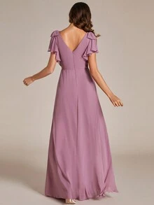 Chiffon Split Thigh Ruffle Trim Bow Shoulder Bridesmaid Dress - Dusty Pink - View 2