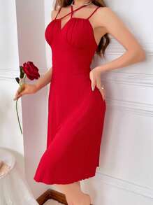 女士前褶吊带睡裙睡衣裙 - 紅色 - 查看 3