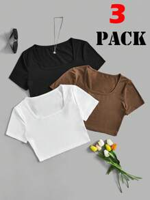 SHEIN Essnce Women's Basic Square Neck T-Shirt, Pack Of 3 - Multicolor - View 3