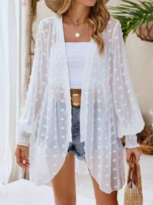 SHEIN LUNE Lantern Sleeve Sheer Mesh Open Front Women's Jacket Fall Winter Cloth For Women - White - View 8