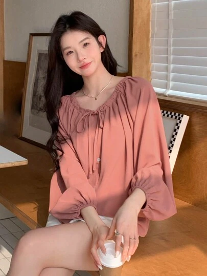 DAZY 女式纯色灯笼袖系带衬衫，秋装长袖上衣