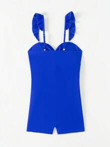 SHEIN Swim 女款藍色一件式泳衣,帶有荷葉邊肩帶和褶皺細節,適用於夏季、沙灘、游泳 - 寶藍色 - 查看 3