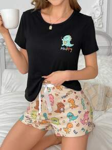 Conjunto de pijama de niño pequeño con estampado de dinosaurios, que incluye top de manga corta y pantalones cortos