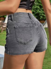 SHEIN Privé Stretchy Distressed Denim Shorts With Frayed Hem - Grey - View 2