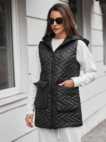 EURMUSE Flap Pocket Zipper Hooded Vest Quilted Coat - Black - View 5