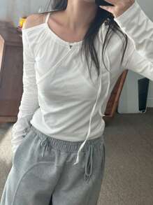 DAZY Ladies' Solid Color Asymmetrical Neck Hollow Out T-Shirt Long Sleeve Women Tops - White - View 2