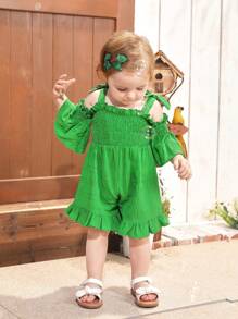 SHEIN Monos informales con tirantes y volantes de un solo color para vacaciones de niña bebé - Verde - Ver 6