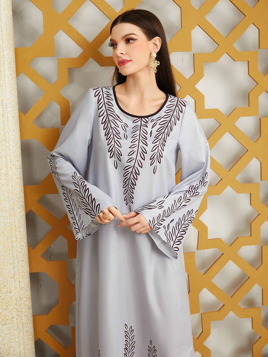 Al Najma Women's Long Arabian Style Dress With Plant Print - Grey - View 1