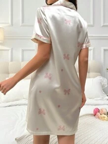 仿丝蝴蝶结印花短袖睡衣长裙 Luxeloungewear - 香檳色 - 查看 2