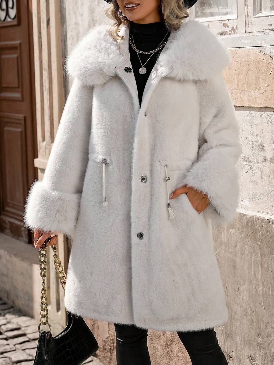 SHEIN Essnce 2023 年新款女式常规版型夹棉大衣，简约、保暖、时尚 - 白色 - 查看 1