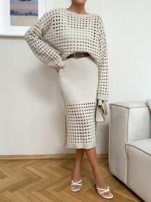 EURMUSE Solid Color Hollow Out Sweater 2pcs/Set - Beige - View 1