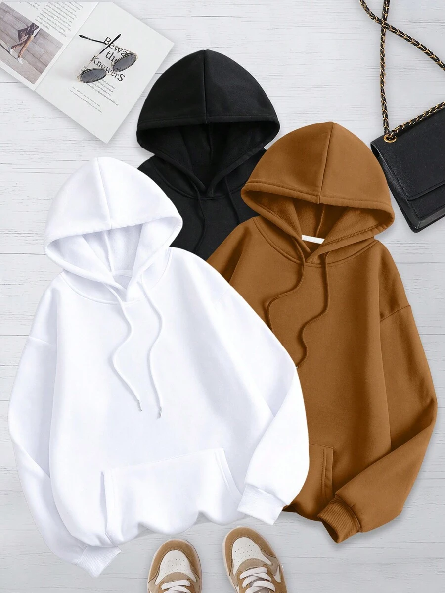 INAWLY 3pcs Kangaroo Pocket Long Sleeve Hoodie,Long Sleeve Tops - Multicolor - View 1