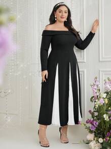 Modelyn Plus Size Women's Off-Shoulder Long Sleeve Color Block Dress - Black and White - View 8