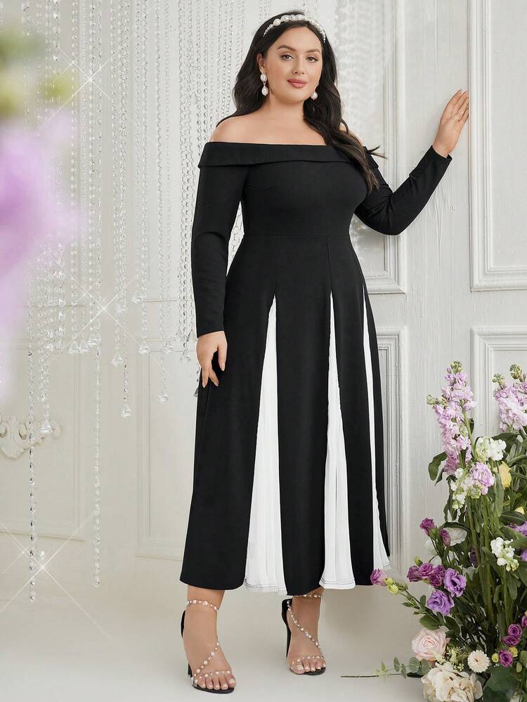 Plus Size Women's Off-Shoulder Long Sleeve Color Block Dress