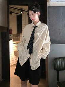 女士休闲条纹长袖衬衫，不系领带，长袖上衣 - 杏色 - 查看 3