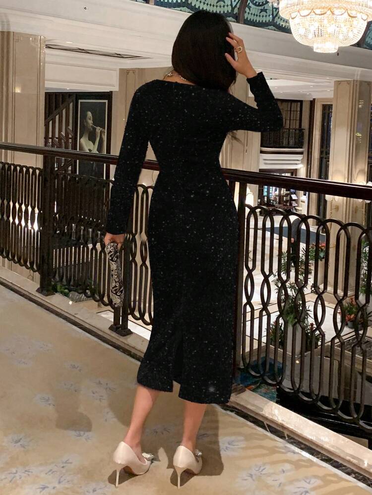 Women's Waist Twisted Long Sleeve Dress, Birthday Prom Dress,Casual Women Dresses,Fall Dress Sequin Elegant Women Dresses New Years Women Outfit Carnival Sparkly Dress