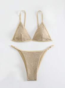 SHEIN Swim Summer Women'S Triangle Cup Jacquard Bikini Set Wedding - Khaki - View 1