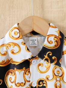 Conjunto De Camisa De Manga Corta Y Pantalones Cortos Con Estampado Vintage Elegante Para Bebé Niño En Primavera/verano - Dorado - Ver 5