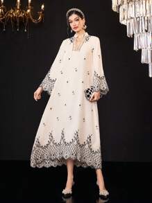 Al Najma 缺口 V 領喇叭袖阿拉伯風格連身裙 - 彩色 - 查看 1