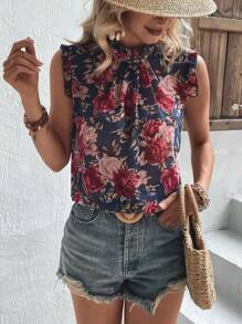 Breezaya Floral Print Frill Trim Mock Neck Blouse - Navy Blue - View 4
