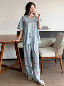 DAZY 扎染效果花卉印花缺口领睡衣套装 - 灰色 - 查看 5