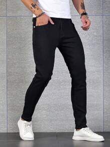 Manfinity Homme Men Summer Classical Versatile Jeans, Cotton Solid Black Wash Skinny Jeans,For Husband,Boyfriend Gifts - Black - View 4