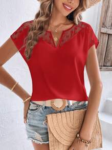 SHEIN Clasi Chemise à col cranté avec contrastes en motif cœur et mesh pour femme