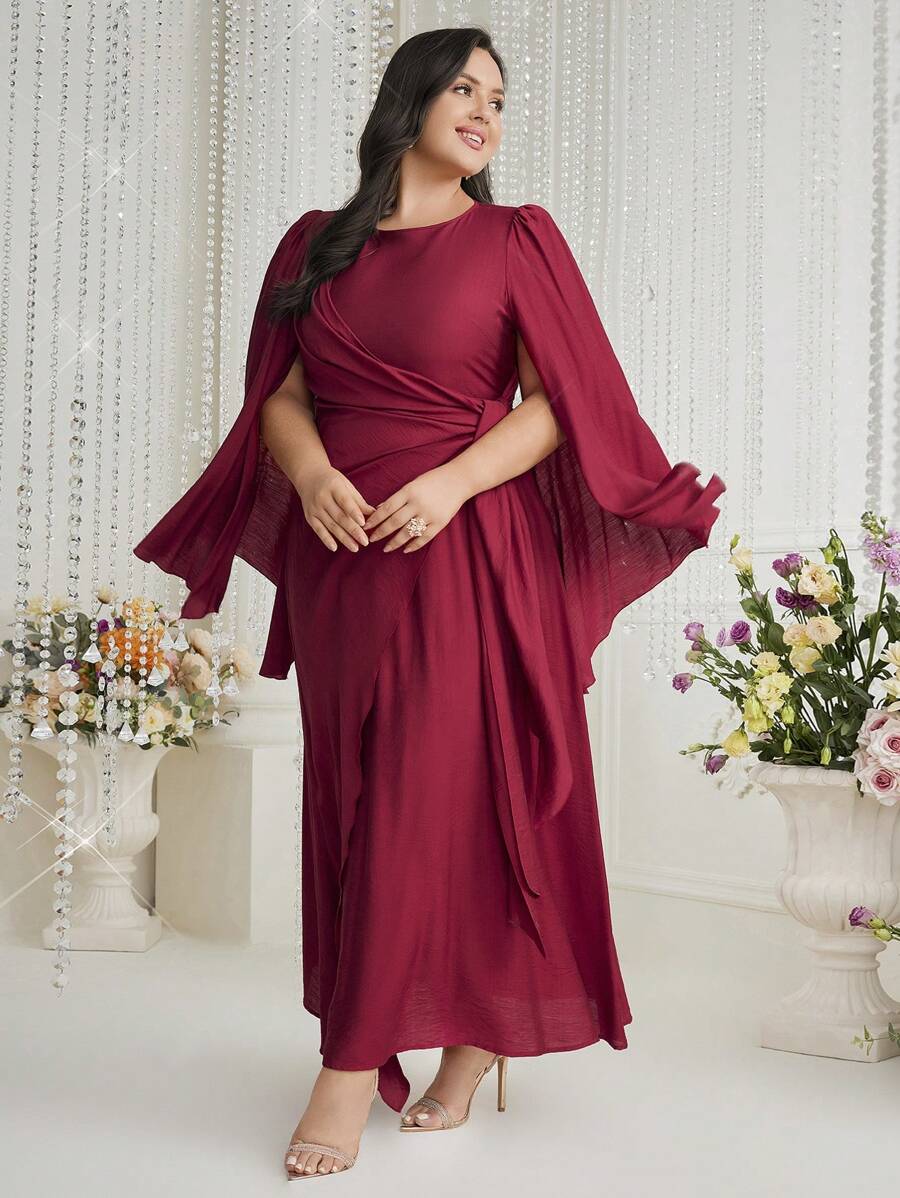 Modelyn 勃艮第红色女士纯色简约大码连衣裙，优雅晚会礼服长款晚礼服