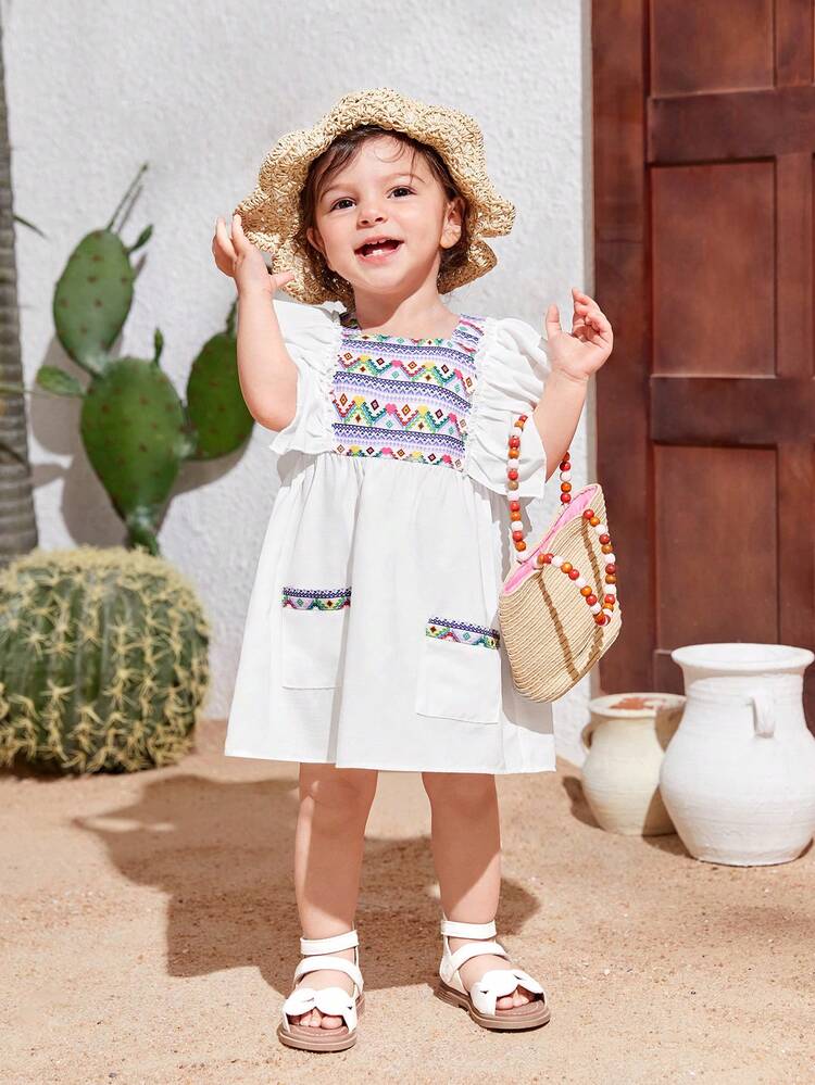 Baby Girl's Casual Vacation Geometric Pattern Colorblock Ruffle Trim Sleeveless Dress