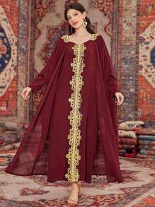 Al Najma Burgundy Red Women's Long Embroidered Turkish Shirt Dress With Beads Kaftan Jalabiya Dress - Burgundy - View 1