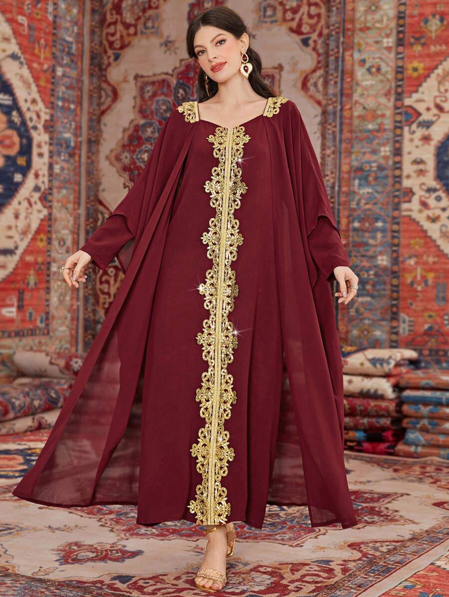 Al Najma Burgundy Red Women's Long Embroidered Turkish Shirt Dress With Beads Kaftan Jalabiya Dress - Burgundy - View 1