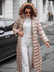 EURMUSE Fuzzy Trim Hooded Puffer Coat - Beige - View 3