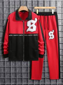 Manfinity EMRG Men's Letter Print Zipper Front Long Sleeve Top And Pants Two Pieces Set Track Suit