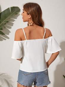 SHEIN VCAY Tie Sleeve Solid Color Vacation Blouse - White - View 2